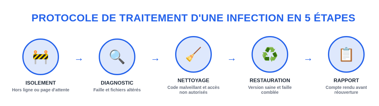 Sch&eacute;ma des cinq &eacute;tapes de traitement d'une infection : isolement, diagnostic, nettoyage, restauration, rapport