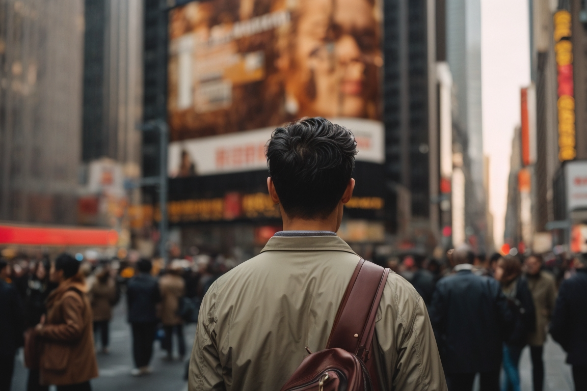 man facing time square