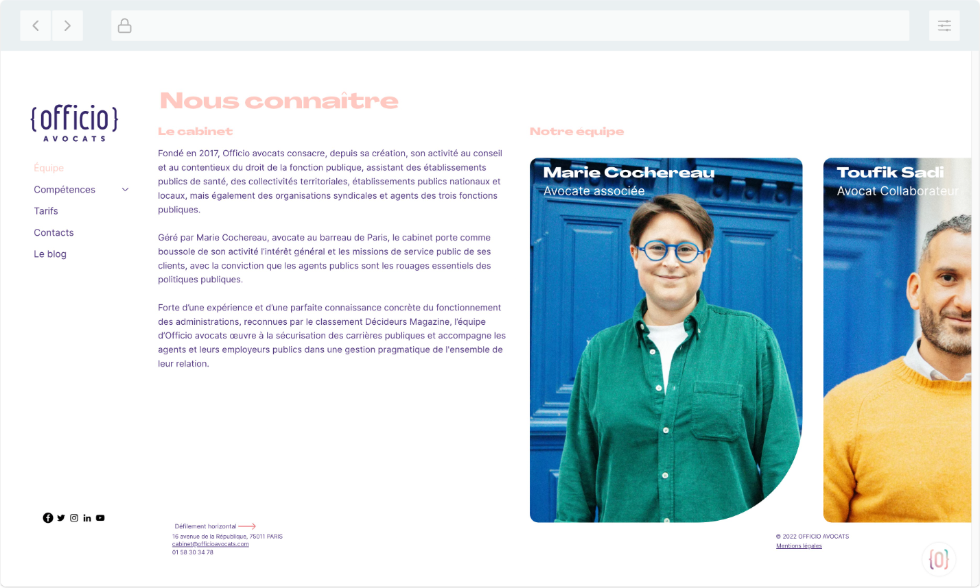 Présentation d’Officio Avocats avec un design pastel, portraits colorés de Marie Cochereau et Toufik Sadi, et un focus sur le droit public et les collectivités.