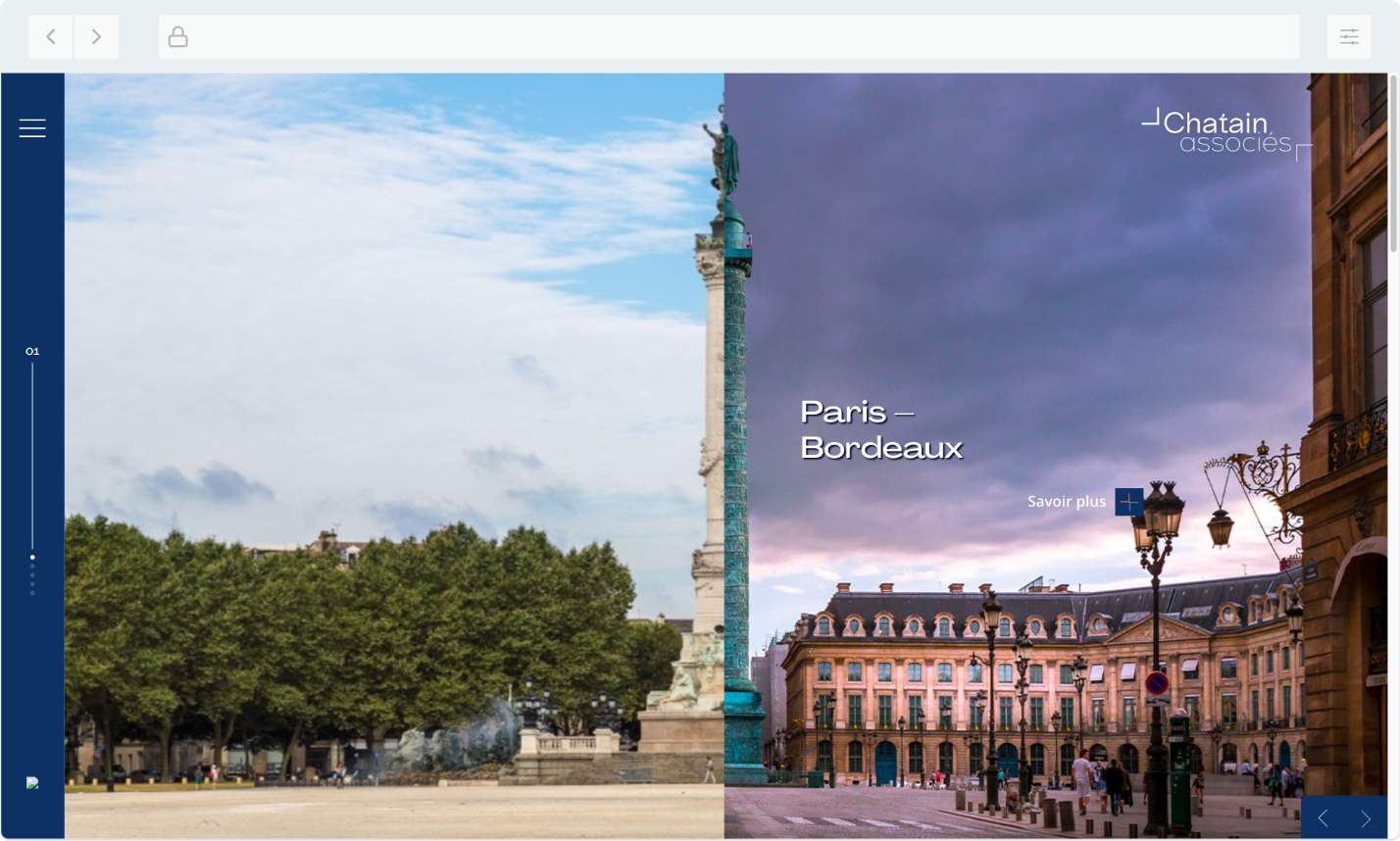 Design contrasté avec une vue de Paris sous un ciel violet et Bordeaux sous un ciel bleu clair, illustrant l’implantation de Chatain Associés.