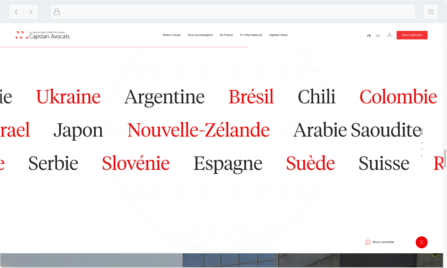 Fond blanc avec les noms de pays en rouge et noir mettant en avant l’expertise internationale de Capstan Avocats en droit social et ressources humaines.