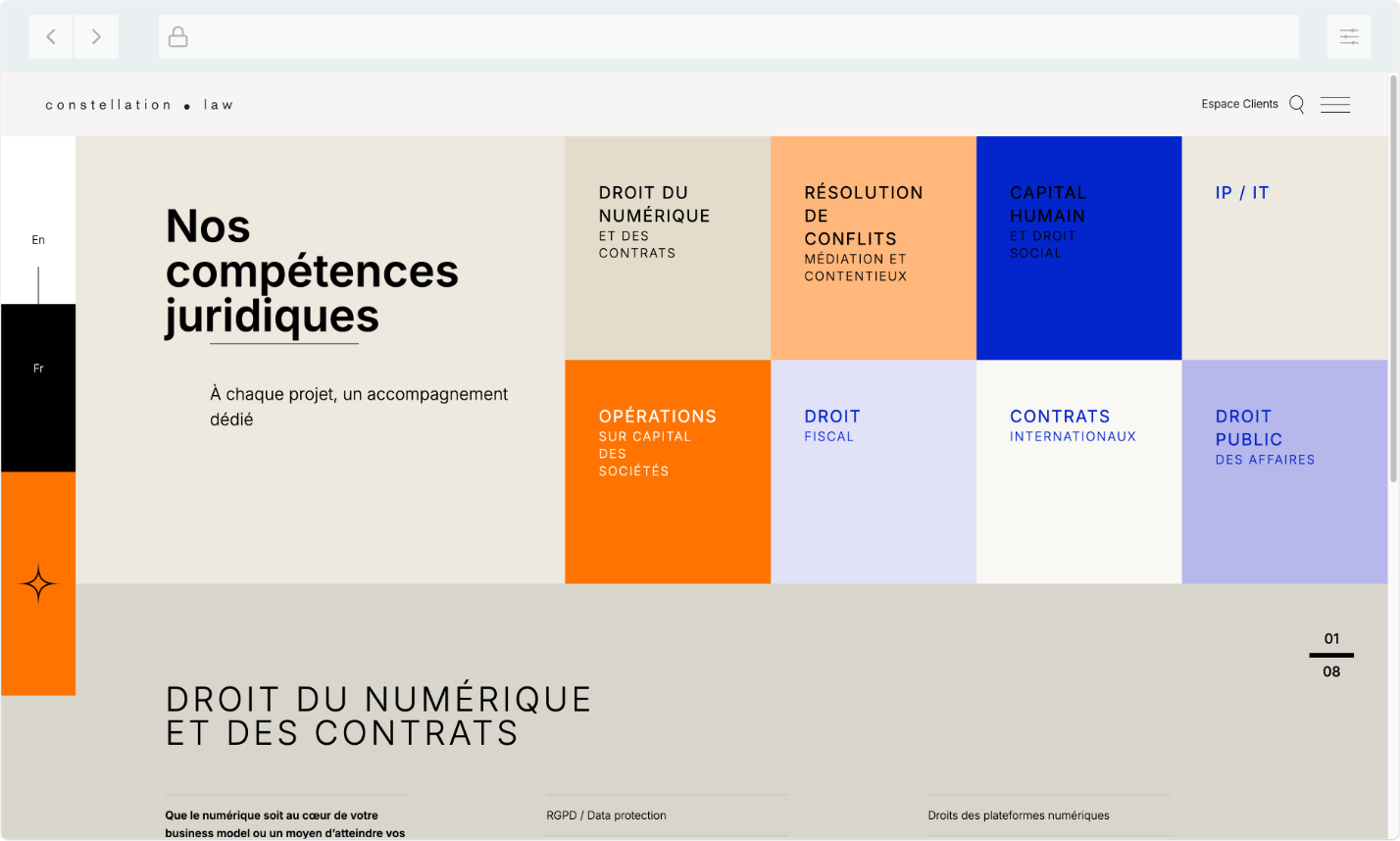 Mise en page épurée avec des blocs colorés illustrant les domaines d’expertise juridique de Constellation, dont le droit numérique et les contrats internationaux.