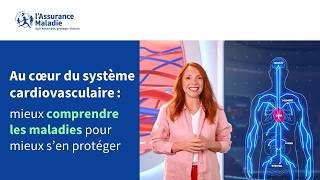 Visuel de l’Assurance Maladie avec une présentatrice et une représentation du système cardiovasculaire.