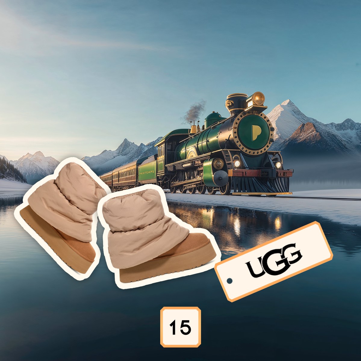 Tableau du calendrier de l’Avent Printemps Express dans un paysage montagneux.