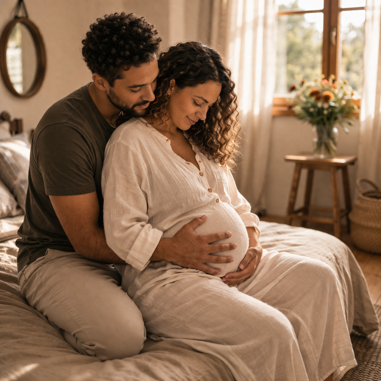 Couple partageant un moment tendre, la femme est enceinte